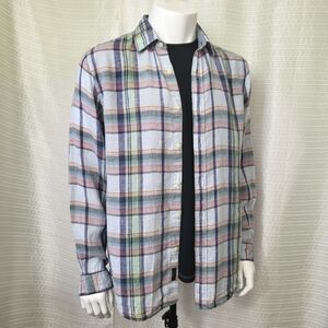 LINEN SHIRT Black Brown 1826 Long Sleeve Plaid Blue Green Men's L